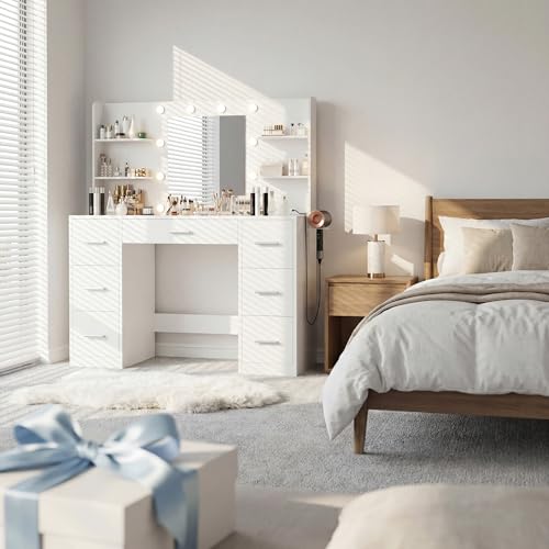 Image of Furmax Vanity Desk with Mirror, LED Lights and Power Outlet Makeup Vanity Table with 7 Drawers and 6 Storage Shelves Dressing Table for Bedroom Dressing Room (Bright White)