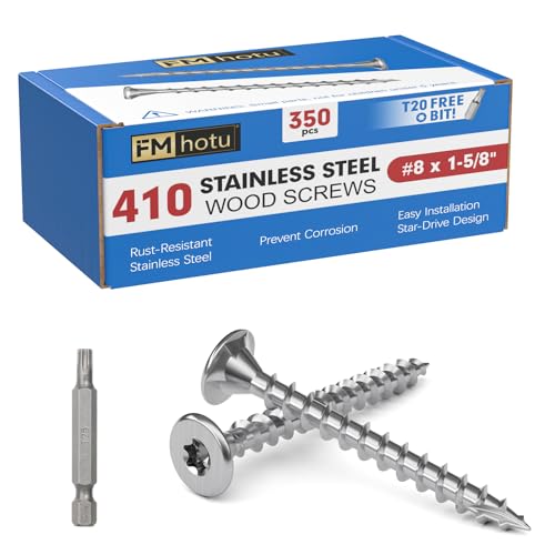 Image of #8 x 1-5 /8 inch Stainless Steel Deck Screws, 350Pcs 410 Grade Stainless Steel | T20 Star Bit Deck Screws,Rust Resistant Timber Screws for Log Landscaping Wood