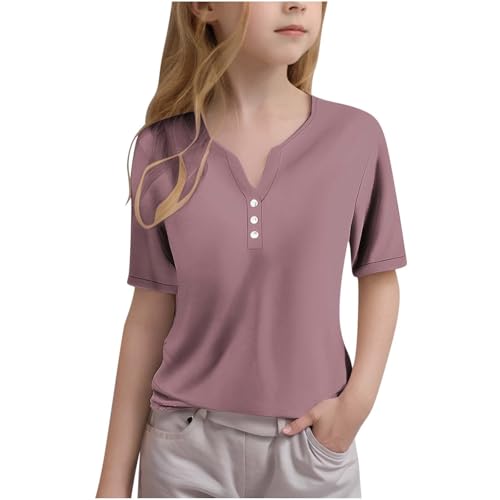 Girls Short Sleeve Henley Shirts V Neck Button Down Cute Tops Solid Color Basic Casual T-Shirts for Summer