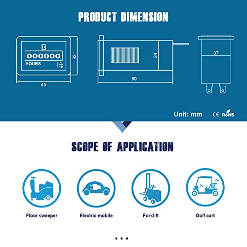 HonorMeet Analoger Betriebsstundenzähler, DC 6 V bis 80 V, Gesamtstunden für Wartung, Datenspeicherung für Rasenmäher-Generator-Traktor, Wohnmobil, Wohnmobil, Luftkompressor. (REC-DC)