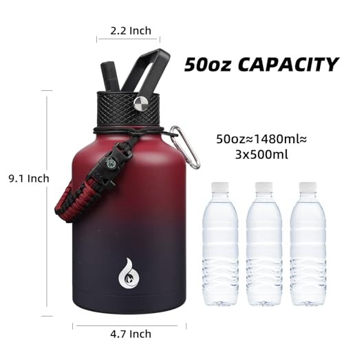 Image of BJPKPK Insulated Water Bottles with Straw Lid, 50oz Large Water Bottle with 3 Lids and Paracord Strap, Stainless Steel Metal Water Bottle, Insulated Water Jug,Charming Red