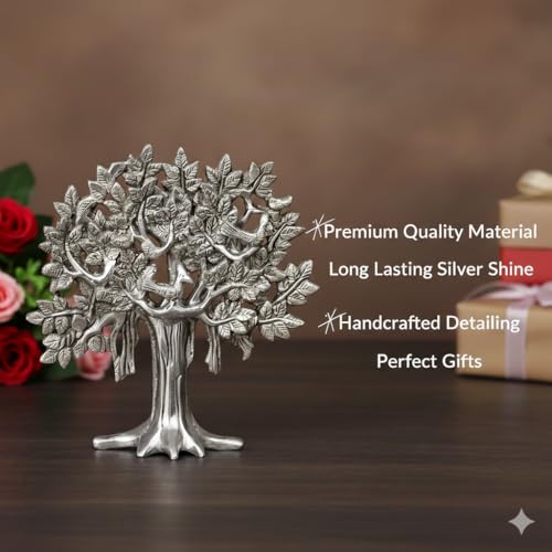Image of Metal Kalpavriksha Tree for Home Decor - Golden Wish Fulfilling Tree Metal Showpiece for Temple, Vastu, Office Table & Gifting Banyan (No 2 Silver)