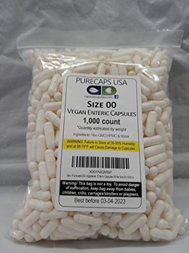 PurecapsUSA - 1,000 Size 00 Fillable White Empty Vegan Acid-Resistant (Enteric) Capsules