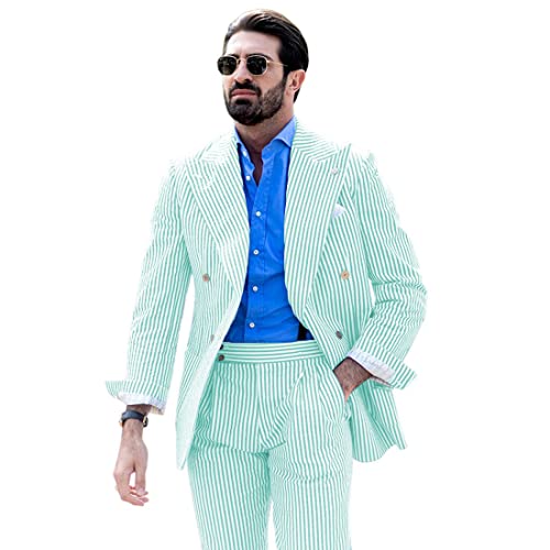 HZUOU Men's Striped Seersucker Suits 2 Piece Slim Fit Wedding Tuxedo Summer Beach Leisure Suits Sets HZH13