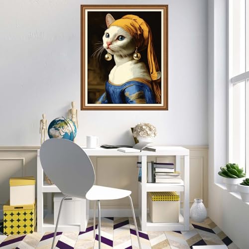 Image of Disnesart Cross Stitch Stamped Full Embroidery Kits DIY 11CT Cotton Thread Printed DIY Needlepoint Kits Craft Needlework Set Cross-Stitch Stamped Sets-Abstract cat with Pearl Earrings 16x20 inch