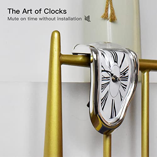 Melting Clock for Desk Shelf Home Decor Office Melted Design Decorative Wall Clock - 4.5" W x 7" H - Silver - Analog Roman Numberics