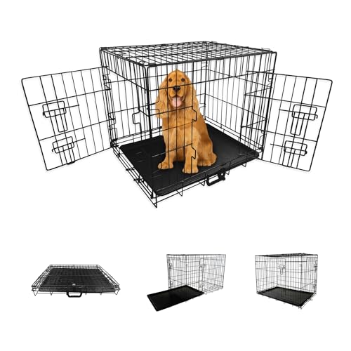 Straame Heavy-Duty Folding Dog Crate 30 inch for Medium Dogs 78 x 46 x 53 cm Black Metal Wire Pet Cage with 2 Doors Secure Sliding Latches Removable Leak-Proof Tray Carry Handle Fold-Flat Design