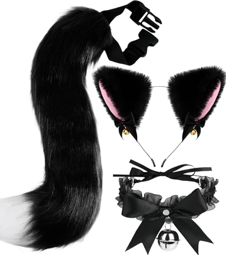 Cat Wolf Fox Ears and Tail Costume Set with Bell Lace Choker