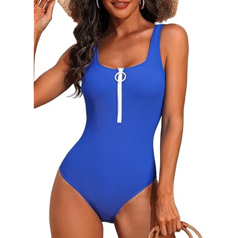 SOCIALA Swimsuit for Women 2024 Ribbed Bathing Suits One Piece Zipper Front Rash Guard Low Back Blue L Cover