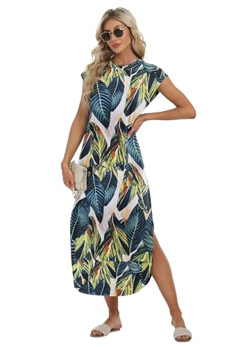 Image of HiMONE Beach Vacation Dresses for Women 2025 Sundress Cap Sleeves Casual Maxi Beach Dress with Pockets XS-2XL