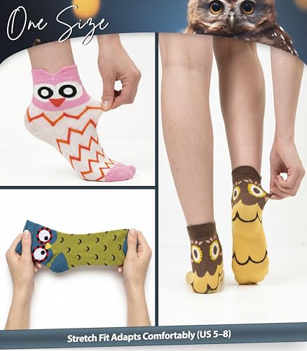 Image of Unisex Family Owl Socks - 5 Pairs Cotton Crew Socks in Gift Box for Men, Women & Kids - Fun, Colorful Owl Design, Soft & Breathable, Comfortable for Everyday Wear - US Sizes 5-8