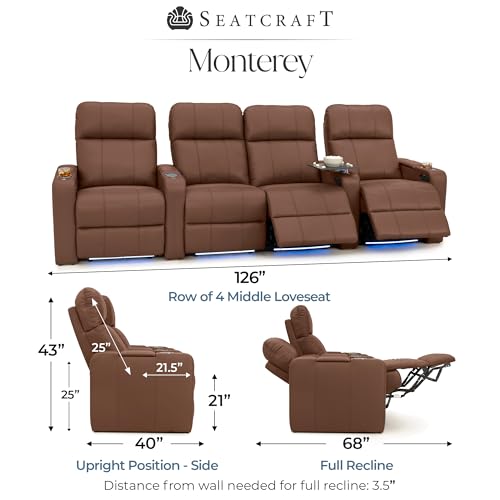 Image of Seatcraft Monterey Home Theater Seating Tobacco Row of 4 Middle Loveseat | Italian Leather, Wall Hugger, Zero Gravity, Powered Headrest, Power Recline, Zero Gap, USB charging