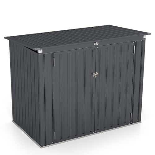 GOPLUS 1,51m² Abris de Jardin en Métal Galvanisé Extérieur, Cache Poubelle, Résistant aux Intempérie,Couvercle Relevable, 2 Portes Verrouillable, Structure...