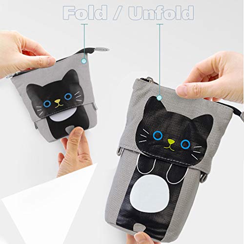 iSuperb Transformer Stand Store Pencil Holder Canvas+PU Cartoon Cute Cat Telescopic Pencil Pouch Bag Stationery Pen Case Box with Zipper Closure 7.5 x 4.9 x 3.0inch/4.1x 3.0inch (Gray)