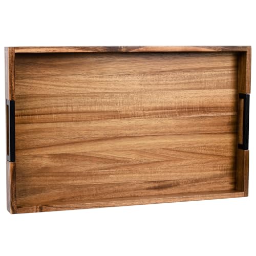Large Ottoman Tray for Living Room and Coffee Table, Decorative Acacia Wood Serving Tray with Metal Handles for Breakfast in Bed, Dinner Food Kitchen TV (Natural, 24' x 15' x 2')