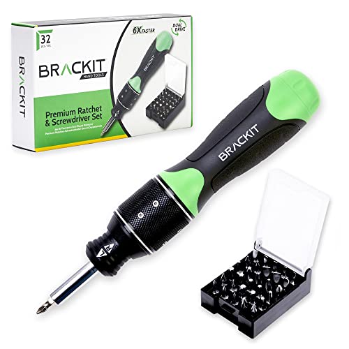 Brackit Premium 2 in 1 Ratchet and Screwdriver with Bits 32 Piece Set– Dual Drive 6 x Faster Than Regular Ones – Handy and Efficient for DIY and Installation Jobs