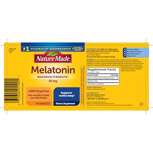 Nature Made Melatonin 10mg Maximum Strength Tablets, 100% Drug Free Sleep Aid for Adults, Melatonin for Adults, 70 Count, 70 Day Supply