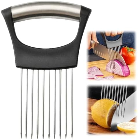 Onion Slice Holder, 2024 New Stainless Steel Holder for Slicing, Chopper Assistant Tool, Cutter for Meat, Onion, Potato, Tomato - Kitchen Gadgets (Black, 1 Pack)