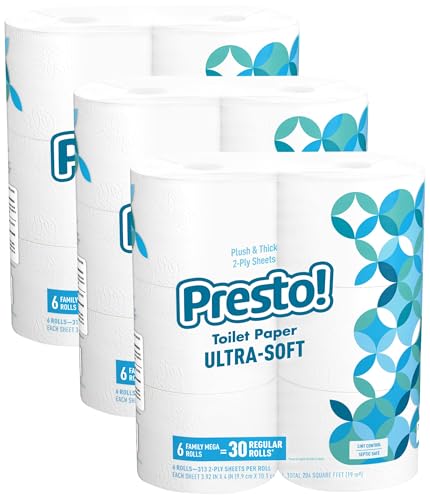 Amazon Brand - Presto! 2-Ply Ultra-Soft Toilet Paper, 18 Family Mega Rolls = 90 regular rolls, 6 Count (Pack of 3), Unscented, White