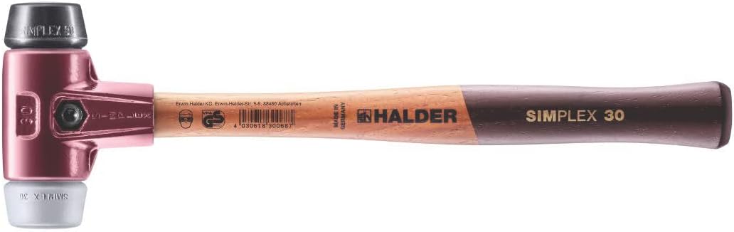 Halder Simplex Soft-Faced Mallet 3023.030 TPE-Mid Insert, Medium-Hard Rubber Insert, Cast Iron Housing with Handle Protection Sleeve, Varnished Wooden Handle, 30mm, .75 lbs.