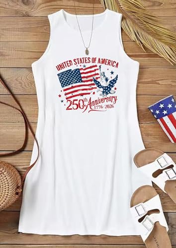 Image of American Flag Tank Dress for Women 4th of July Patriotic Graphic Sleeveless Mini Dress Casual Vacation Short Dresses