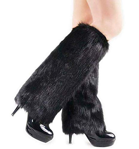 ELLITE Womens Faux Fur Warm Fuzzy White Black Coffee Rainbow Leg Warmers/Boot Sleeves/Boot Covers