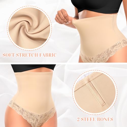 Image of Werena Tummy Control Thong Shapewear for Women Mid High Waisted Body Shaper Underwear Lace Shaping Thong Girdle Panties