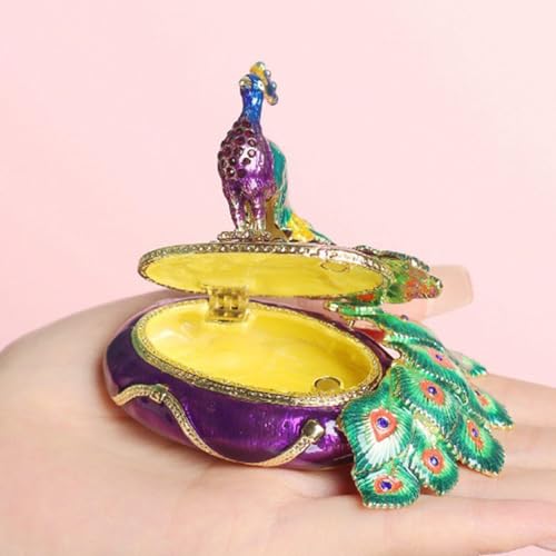 Boîte à bijoux en métal robuste avec paons émaillés peints à la main