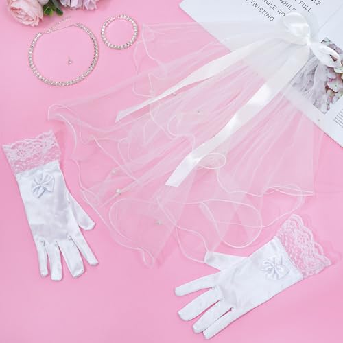 Image of Pistha 5 Pack First Communion Veil Set for Girls Bowknot Lace Veil Satin Gloves Rhinestone Accessories for Wedding Party, White