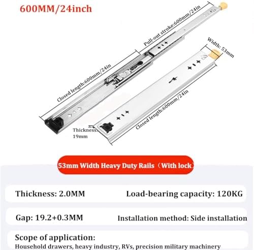 Heavy Duty Drawer Slides,1 Pair of 250LB Full Extension Side Mount Ball Bearing Drawer Rails with Lock for Tool Box Glides Furniture Cabinet Drawer Runners(1350mm/54inch)