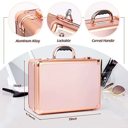 Kemier Makeup Train Case - Cosmetic Organizer Box Makeup Case with Lights and Mirror/Makeup Case with Customized Dividers/Large Makeup Artist Organizer Kit (Rose Gold)