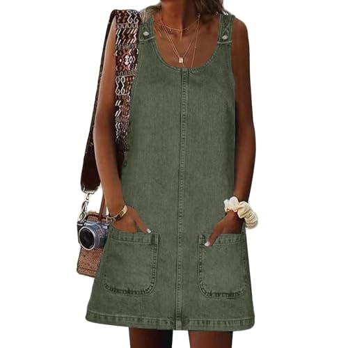 Image of Xaspee Denim Overall Dress for Women Casual Mini Sleeveless Jean Vintage Jumper Skirt Dress with Pockets