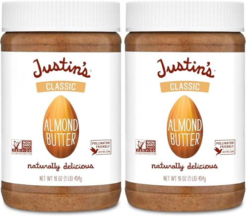 Justin's Classic Almond Butter, Only Two Ingredients, No Stir, Gluten-free, Non-GMO, Keto-friendly, Responsibly Sourced, 16 Ounce Jar, (Pack of 2)