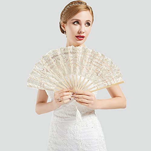 Babeyond Cotton Lace Folding Handheld Fan Embroidered Bridal Hand Fan With Bamboo Staves For Wedding Decoration Dancing Party (Beige) #TOP1