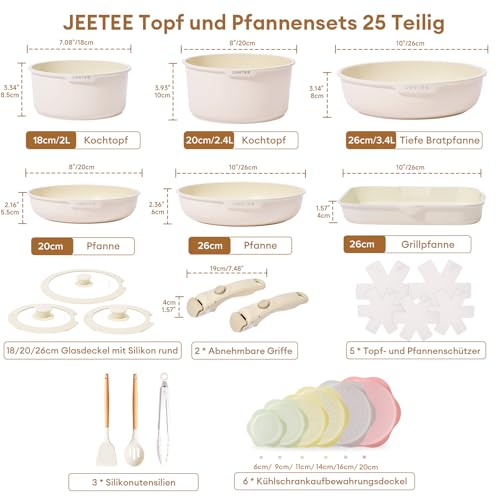 JEETEE Batterie de Cuisine Antiadhésive 25 Pièces avec Poignée Amovible, Poele Induction 20/26cm, Sauteuse 26cm, Casserole 18/20cm, Poêle carrée 26cm, Empilable, Passe au Four, Sans PFAS/PFOA, Beige – Image 3