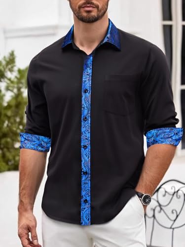 Barry.Wang Men’s Dress Shirts Long Sleeve Button Down Business Formal Shirt Collar Cuff Contrast Casual Shirt Wedding4