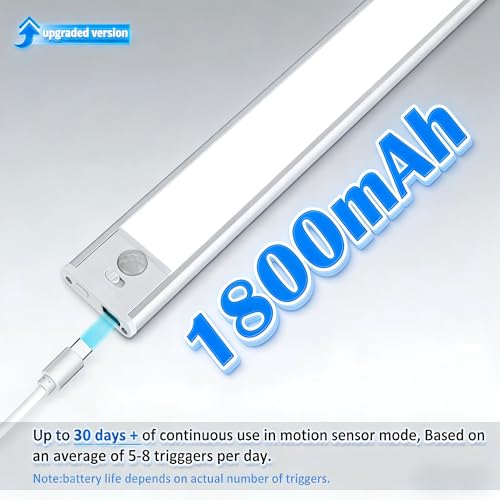 Image of Magnetic Under Cabinet lighting 2 Pack, 12 inch Rechargeable - 3 Color Dimmable LED, Ultra Slim 1800 Battery Powered Motion Sensor light indoor Punch-free Smart Sensor Magnetic Rechargeable Led Light