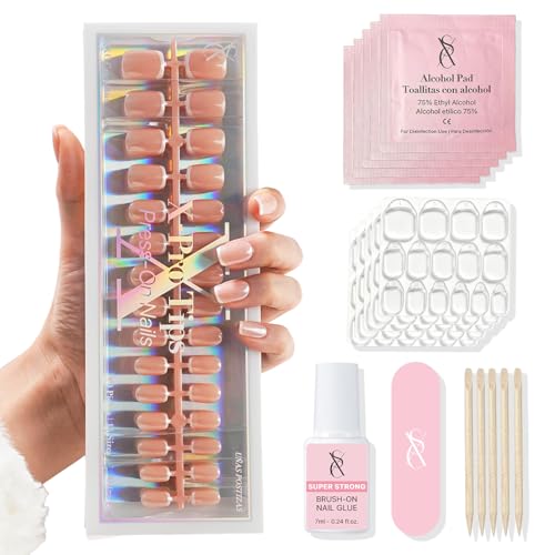 SXC Cosmetics Press On Nails - 004 Latte French | X5 Signature Series - XS Square X-Pro Tips Fake Nails Salon Quality Nails 16 Sizes - 160 pieces Nail Kit with Glue