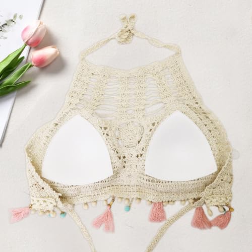 Image of PALAY Women's Summer Beach Backless Crochet Halter Bikini Crop Top Crochet Hollow Out Tassle Embroidery Knit Boho Beachwear