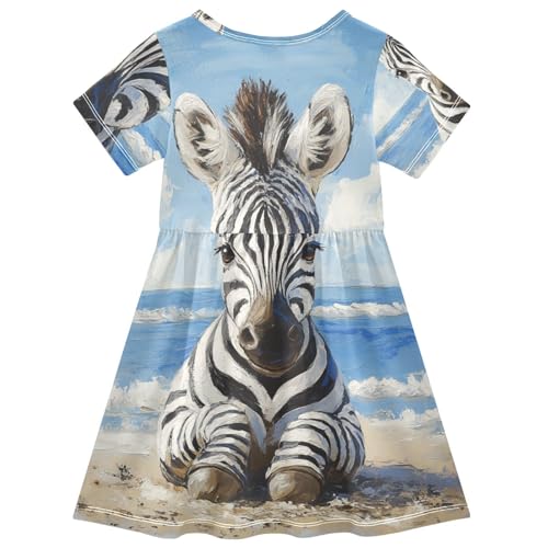 ALAZA Girls' Dresses Cute Zebra on The Beach Short Sleeve Dresses2