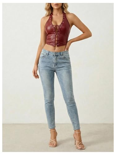 Image of WDIRARA Women's Punk PU Leather Halter Top Grommet Eyelet Tie Front Corset Crop Top