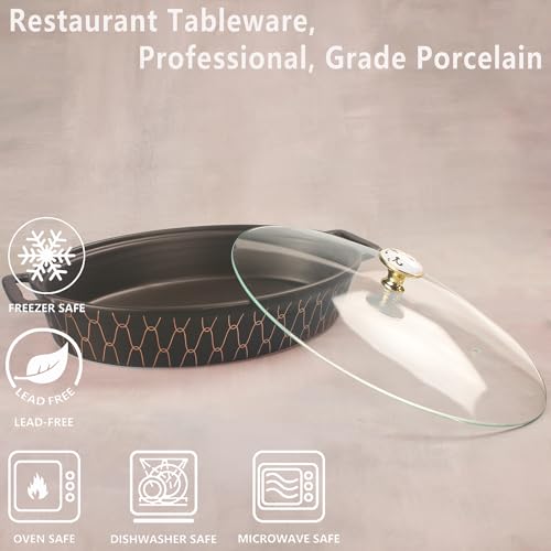 jinsongdafa Ceramic Casserole Dish with Glass Lid, 1.3 Quart Serving Soup Tureen,Chafing Dish for Buffet, Family Food preserve Tray, Catering Casserole for Party Style,Black 13.2 Inch Oval No rack - Thumbnail 3