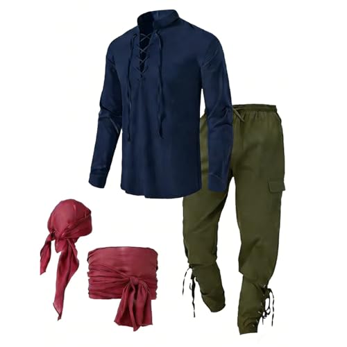 Dasongff - Disfraz renacentista de 4 piezas para hombre, disfraz de Halloween medieval, camisa pirata y pantalones, accesorios de vestir renacentista