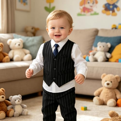 Image of Baby Boy Formal Suit for Toddler Infant Tuxedo Dress Suits | Little Gentleman, Wedding Ring Bearer Outfit, Vest Pants Long-Sleeve Shirt Tie, Birthday Party Christmas Prom, Classic