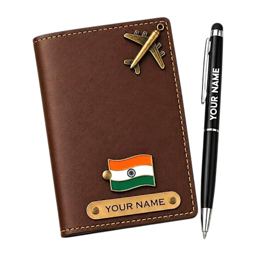 Image of Customized Passport Cover for Men Women Kids with Name & Charm | Personalised Travel Pen Combo Family Couple Gift (Brown)