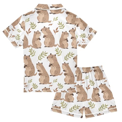 ALAZA Cute Capybara Leaf Animal Pajamas Satin Pajama Set Short Sleeve Button Down Sleepwear2