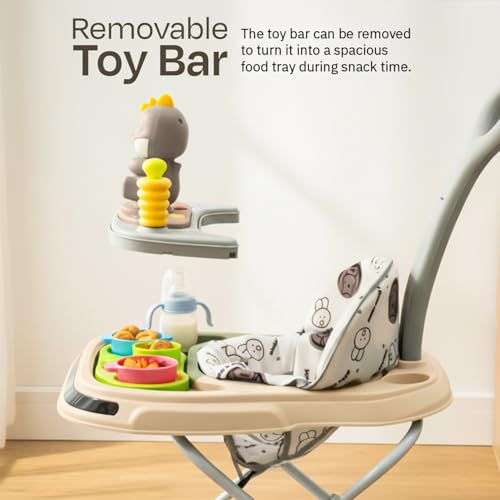 Image of Baybee 3-in-1 Convertible Baby Walker for 6-18 Months with Rocking Mode, Removable Toy Bar, Inbuilt Music, 3-Level Height Adjustment, Smooth Wheels & Parental Handle | Foldable Infant Activity Walker with Cushioned Seat (Beige)