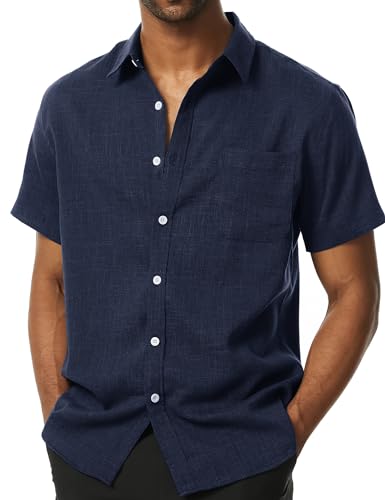 PARKLEES Men's Summer Casual Cotton Linen Regular Fit Short Sleeve Shirt Vacation Fashion Button Down Shirt with Pockets Navy Large