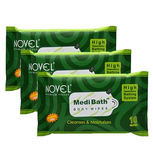 Image of Novel Medi Bath Wet Wipes for cleaning 10 Wipes x Pack of 3 (30 Wipes) | Sponge wipes for Adults with Antiseptic Agent | Enriched with Aloe Vera, Vitamin E | Ready to Use Bed Bath Towel for Men & Women for Cleaning & Moisturizing