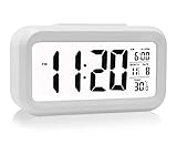 Oneoffcar Alarm Clock,Travel Alarm Clock,Battery Operated Smart Backlight Alarm Clock, Large LCD Display Slim LED Clock (with Date,Temperature,Snooze), for Office Bedroom Travel(White)